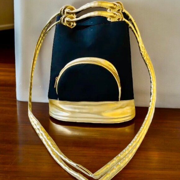 Comeco Vintage Crossbody Bucket Handbag Black Fabric + Gold Faux Leather - Picture 13 of 13